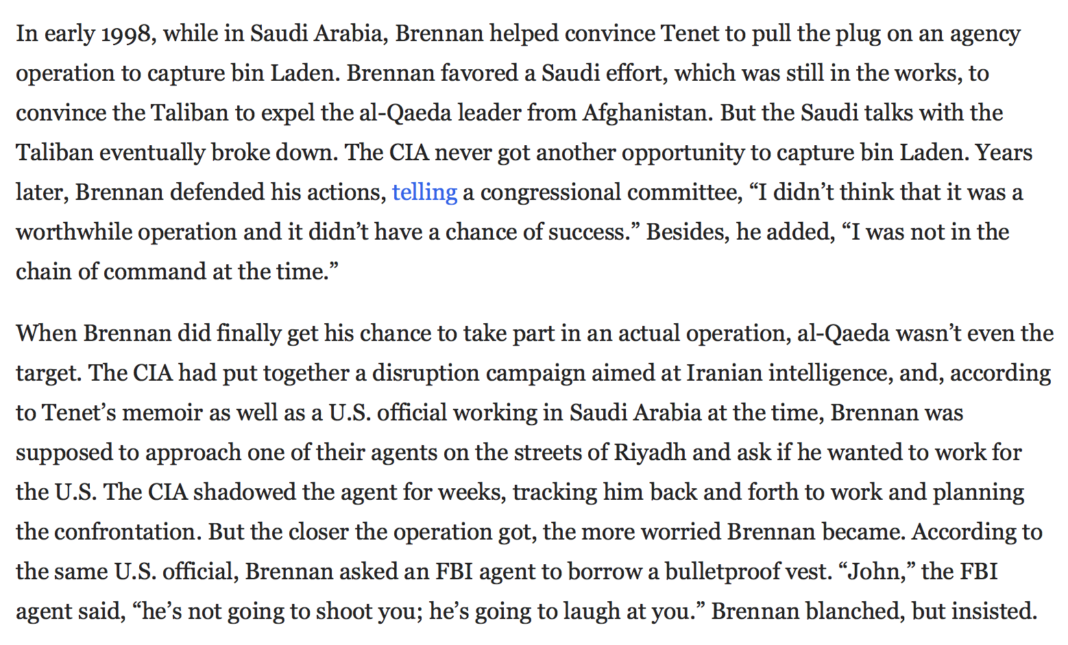 Brennan convinced Tenet not to take bin Laden